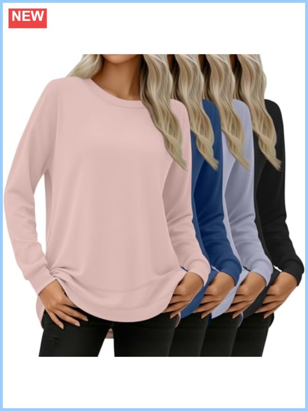 Women's 4 Pack Long Sleeve Cotton Spandex Crew Neck Tunic Sweatshirt